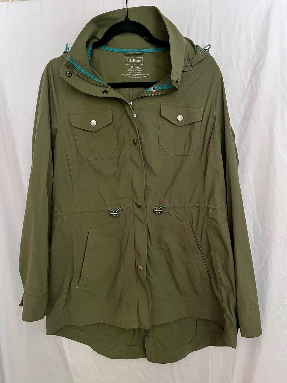 L.L. Bean Olive Green Hooded Utility Jacket with Teal Trim